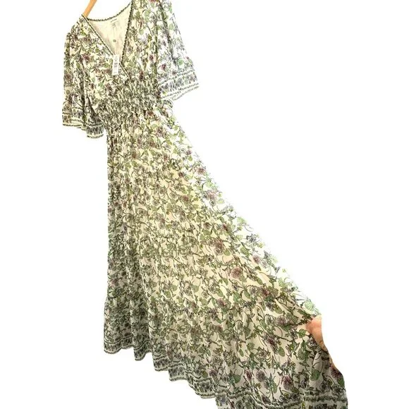 NWT Max Studio M Floral Maxi Dress Short Bell Sleeves Smock Tiered 8195 A-line - Picture 2 of 12